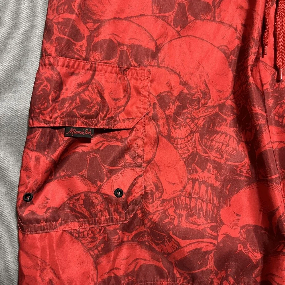 Miami Ink Cargo Shorts Mens 36 Red Skull Grim Reaper Board Swim Trunks Tattoo
